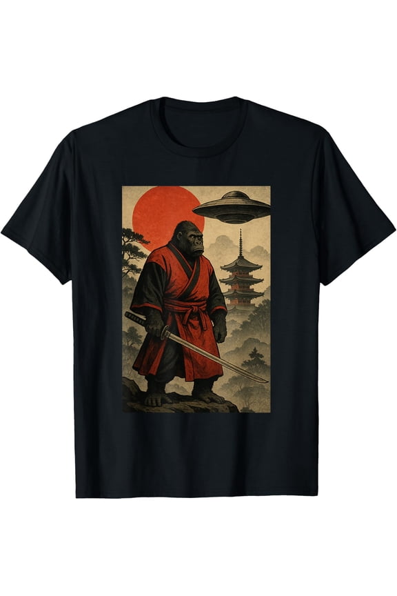 Samurai Bigfoot Riding UFO Vintage Ukiyo-e Graphic T-Shirt