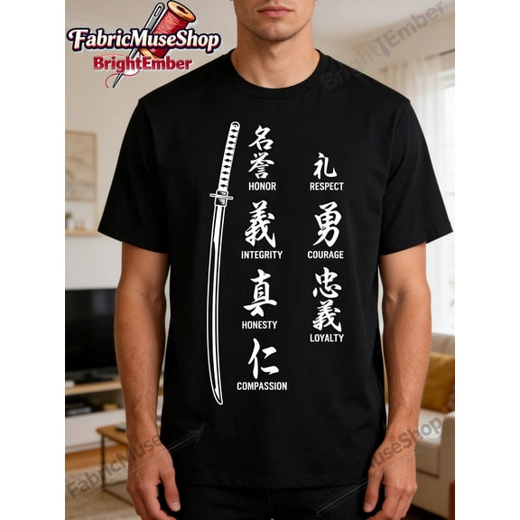 Samurai Bushido Code Katana Sword Japanese Kanji Graphic T-Shirt Retro Martial Arts Warrior Values Men's Cotton Tee