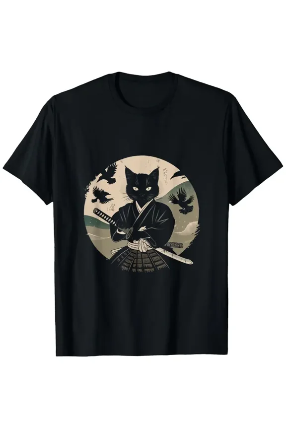 Samurai Cat Anime T-Shirt - 100% Cotton, Black Short Sleeve with Japanese Art Print, Unisex Casual Wear for All Seasons, S-XXXL