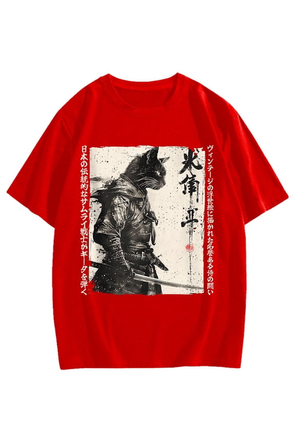 Samurai Cat Cotton casual T-shirt