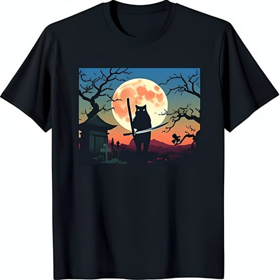 Samurai Cat Graphic Black T-Shirt Full Moon & Trees Design
