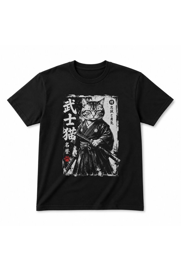 Samurai Cat Graphic T-Shirt, Japanese Style Crew Neck Tee, Unisex Classic Fit