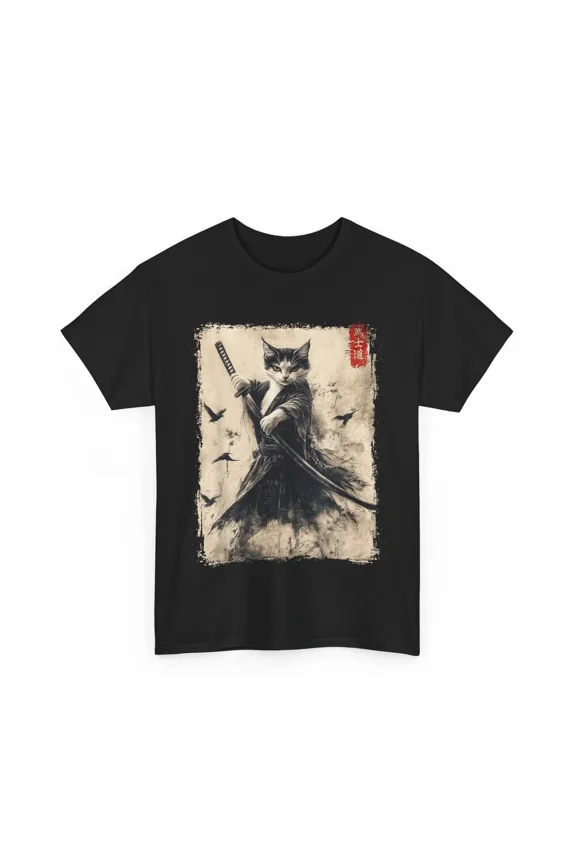 Samurai Cat Graphic Tee Warrior Vintage Japanese Art Shirt BLACK S-5XL Hot Trending Shirt