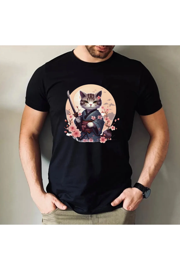 Samurai Cat In Robe Anime Style Unisex T-Shirt, for men & women, up to size 5XL