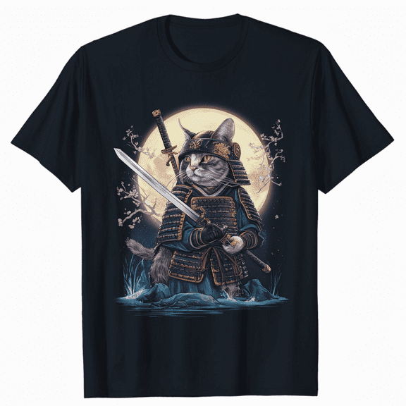 Samurai Cat Japanese Art Full Moon Unisex Graphic Short Sleeve T-Shirt