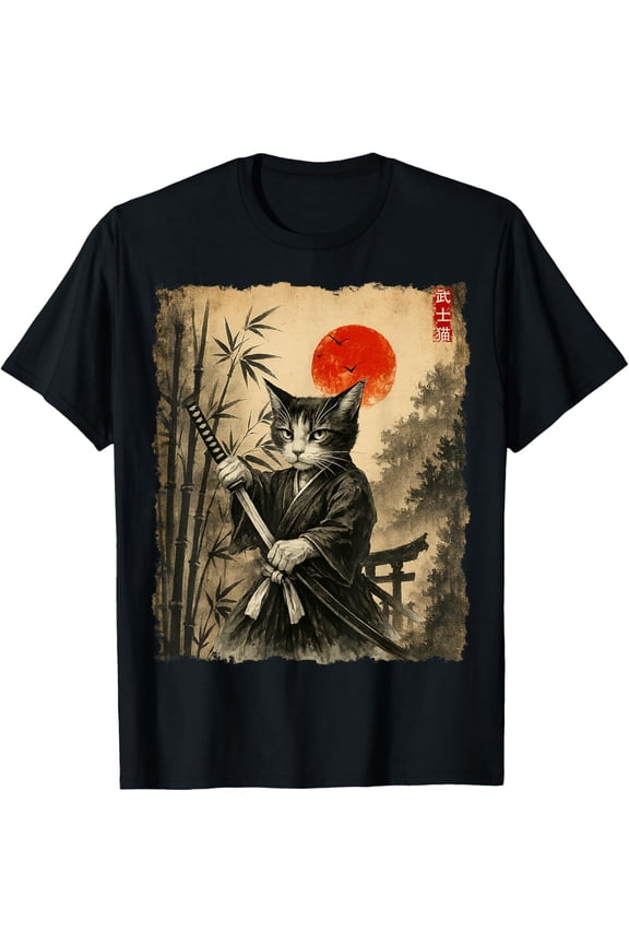Samurai Cat Japanese Art Men Boys Funny Graphic Tee Anime T-Shirt