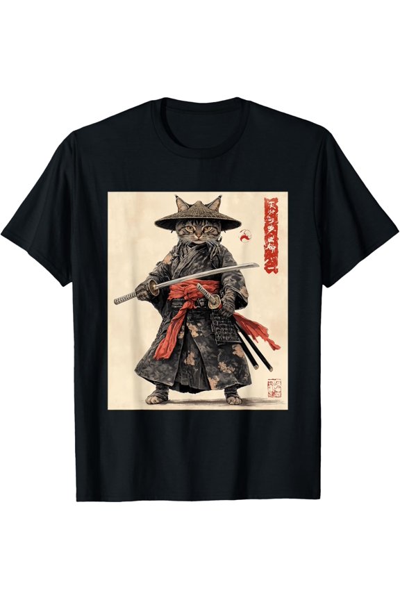 Samurai Cat Japanese Art Style Warrior Graphic Tee Version Four T-Shirt