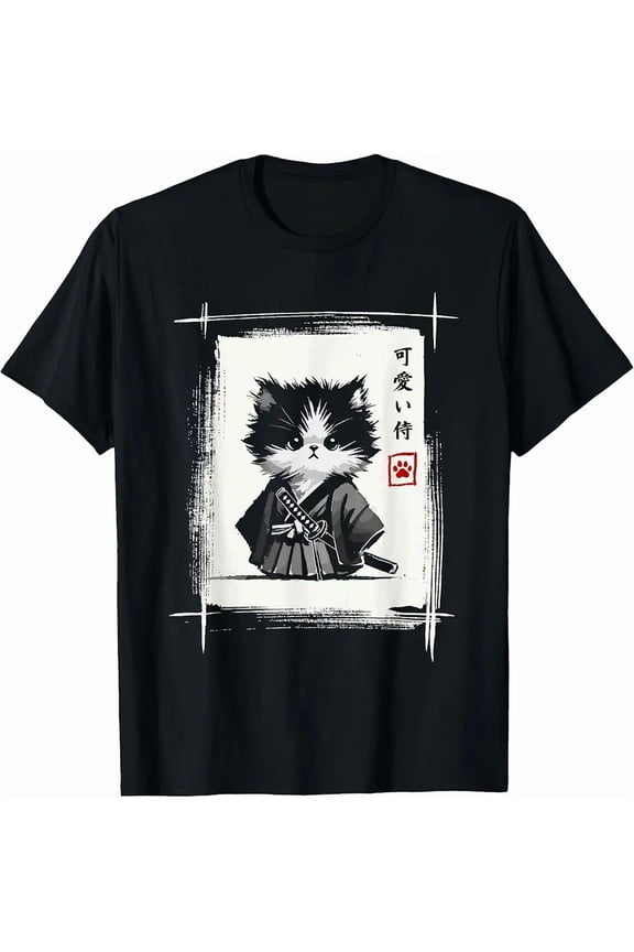 Samurai Cat Japanese Art Sumi E Novelty Kawaii Graphic Top Unisex T-Shirt, up to Size 5XL