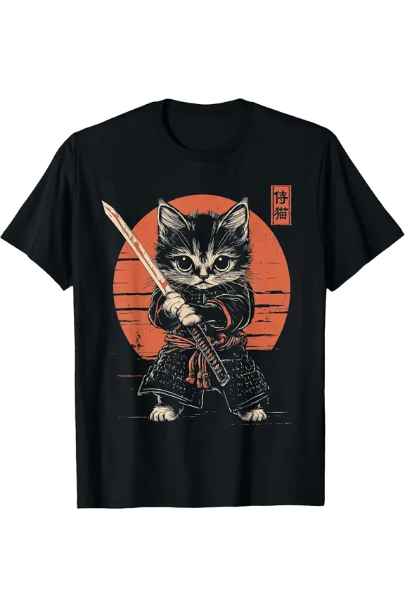 Samurai Cat Japanese Stealth Fighter Kawaii Brave Spirit Feline Art Unisex T-Shirt, up to size 5XL