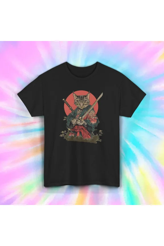 Samurai Cat Japanese Warrior Sword Anime Graphic Gift Top Unisex T-Shirt up to size 5XL