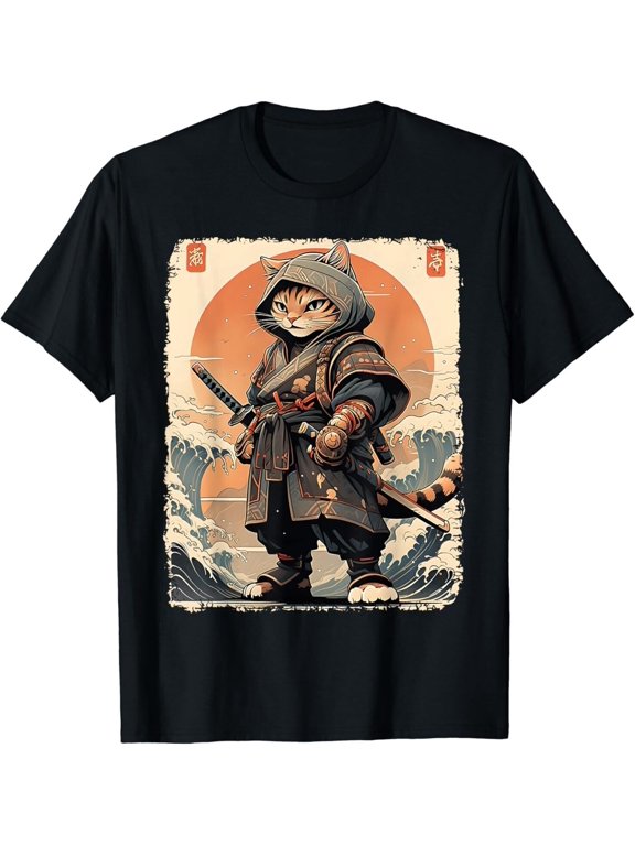 Samurai Cat Katana Full Gear Warrior Fighter Japanese Art Gift T-Shirt