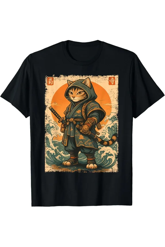 Samurai Cat Katana Full Gear Warrior Fighter Japanese Art Gift Unisex T-Shirt