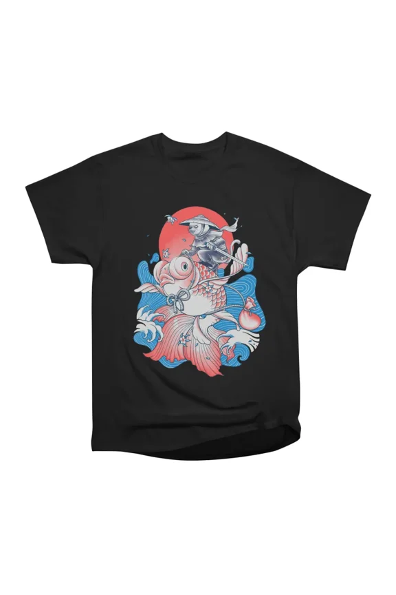 Samurai Cat Riding A Goldfish Illustration T-Shirt Tee Gift For Him Merch For Her Apparel