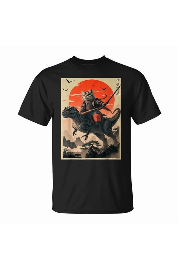 Samurai Cat Riding Dinosaur Japanese Cat Samurai TShirt