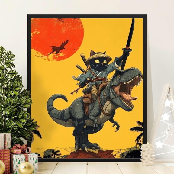 Samurai Cat Riding Dinosaur Print Ninja Kitty Fantasy Artwork Funny Pet Art Home Decor Home Decor Office Wall Art