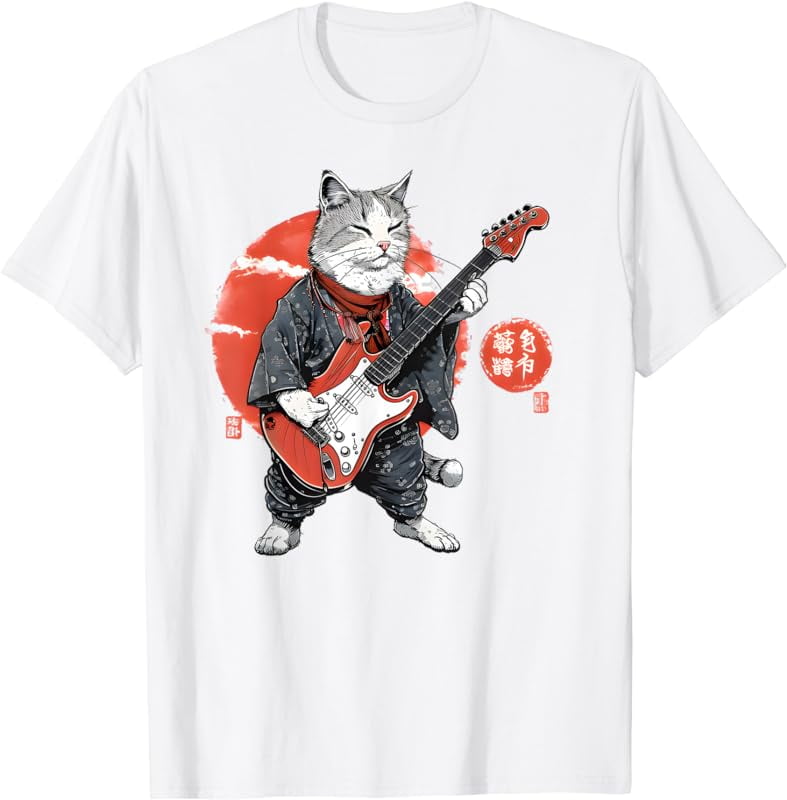 Samurai Cat Symphony - Japanese Neko Guitar Legend Artwork T-Shirt ...
