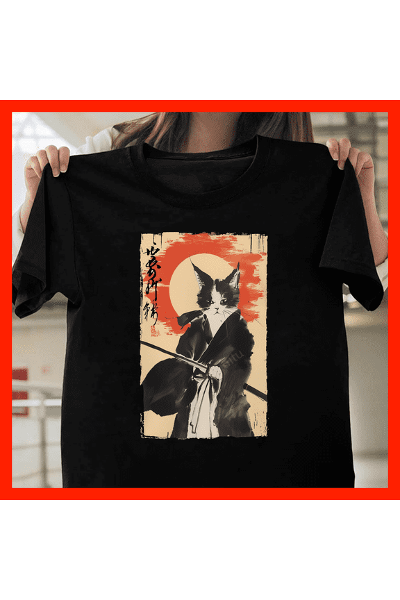 Samurai Cat T-Shirt - Japanese Ink Wash Art, Katana Warrior Feline Tee, Vintage Japan Style G786, for Unisex β Sizes Up to 5XL