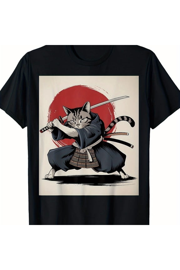 Samurai Cat T Shirt Vintage Ukiyo E Funny Warrior Cat Japanese Graphic Tee