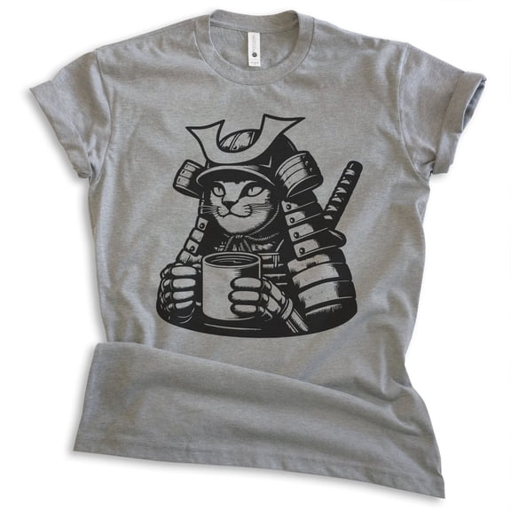 Samurai Cat T-shirt, Unisex Women's Men's Shirt, Cute Cat Kitten Samurai Japanese Japan, Dark Heather Gray, X-Small