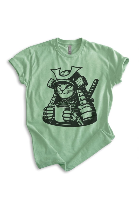 Samurai Cat T-shirt, Unisex Women's Men's Shirt, Cute Cat Kitten Samurai Japanese Japan, Heather Apple Green, Small