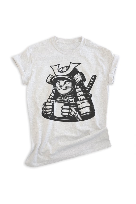 Samurai Cat T-shirt, Unisex Women's Men's Shirt, Cute Cat Kitten Samurai Japanese Japan, Heather Ash, Large