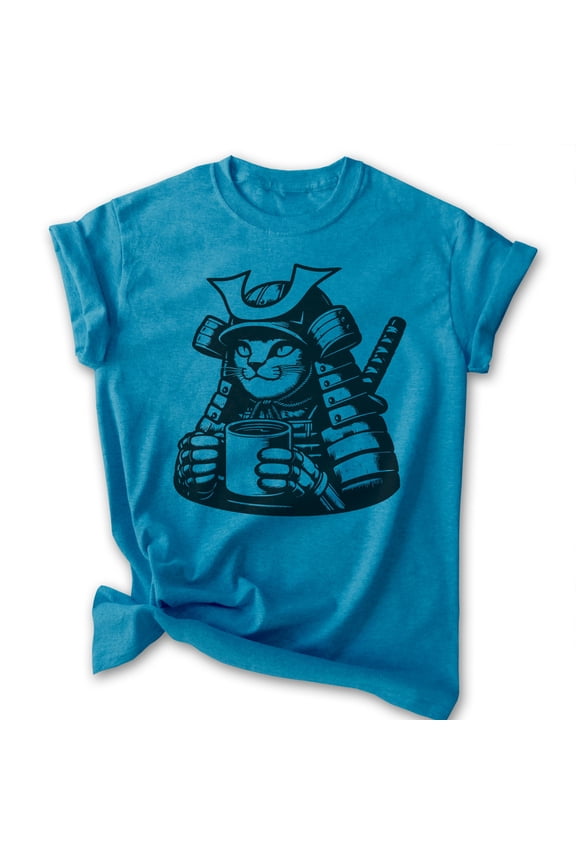 Samurai Cat T-shirt, Unisex Women's Men's Shirt, Cute Cat Kitten Samurai Japanese Japan, Heather Blue, Large