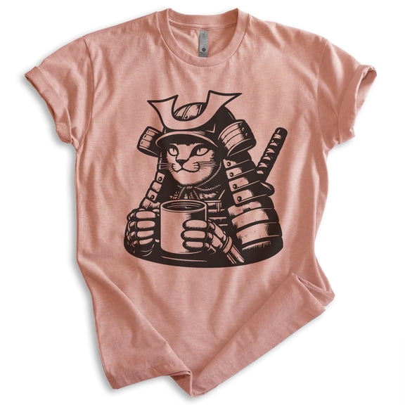 Samurai Cat T-shirt, Unisex Women's Men's Shirt, Cute Cat Kitten Samurai Japanese Japan, Heather Sunset, Large