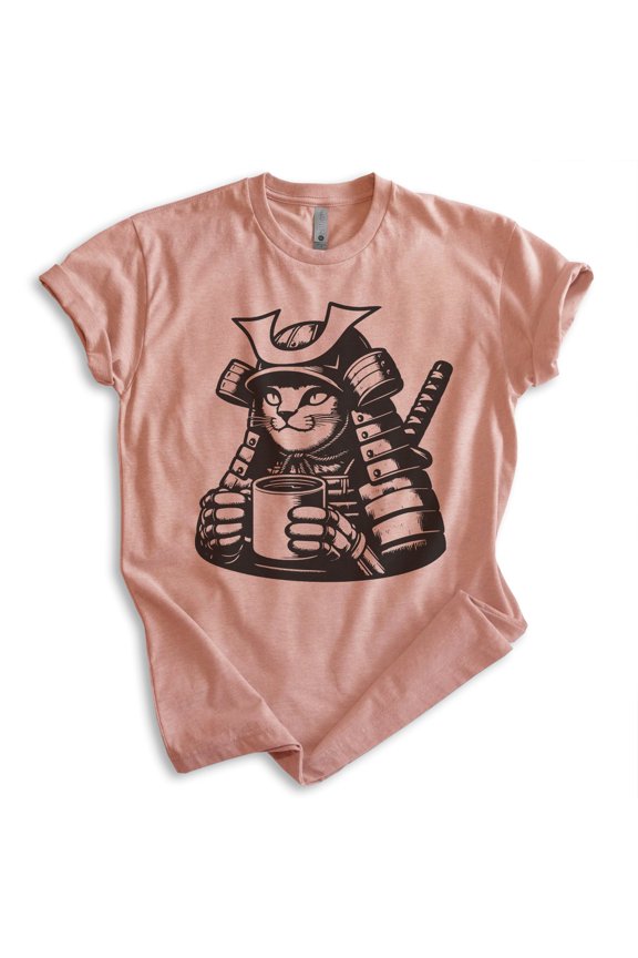 Samurai Cat T-shirt, Unisex Women's Men's Shirt, Cute Cat Kitten Samurai Japanese Japan, Heather Sunset, Large