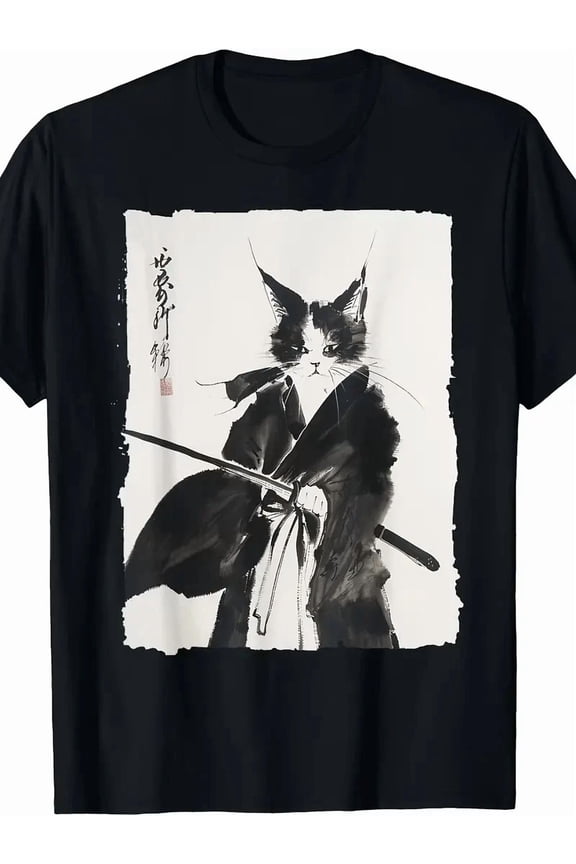Samurai Cat Tee: Vintage Ukiyo-e Warrior Art Graphic Cat Art T-Shirt