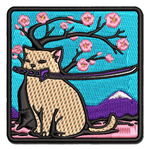 Samurai Cat Under Sakura Cherry Blossom Applique Multi-Color Embroidered Iron-On Patch - 2.5 Inch Small