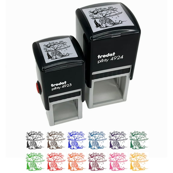 Samurai Cat Under Sakura Cherry Blossom Self-Inking Rubber Stamp Ink Stamper - Red Ink - Large 1-1/2 Inch