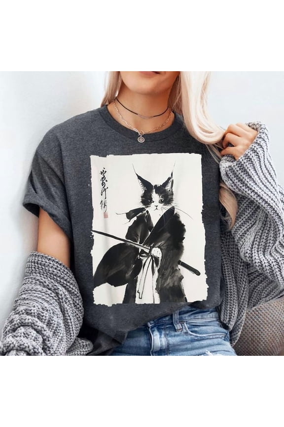 Samurai Cat Vintage Ukiyo-e Warrior Art Graphic Cat Art T-Shirt Unisex, Sizes S-5XL, Tbun