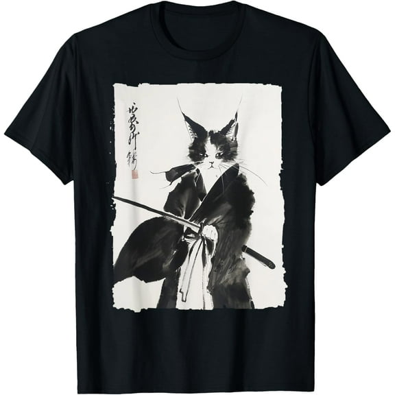 Samurai Cat Vintage Ukiyo-e Warrior Art Graphic Cat Art T-Shirt