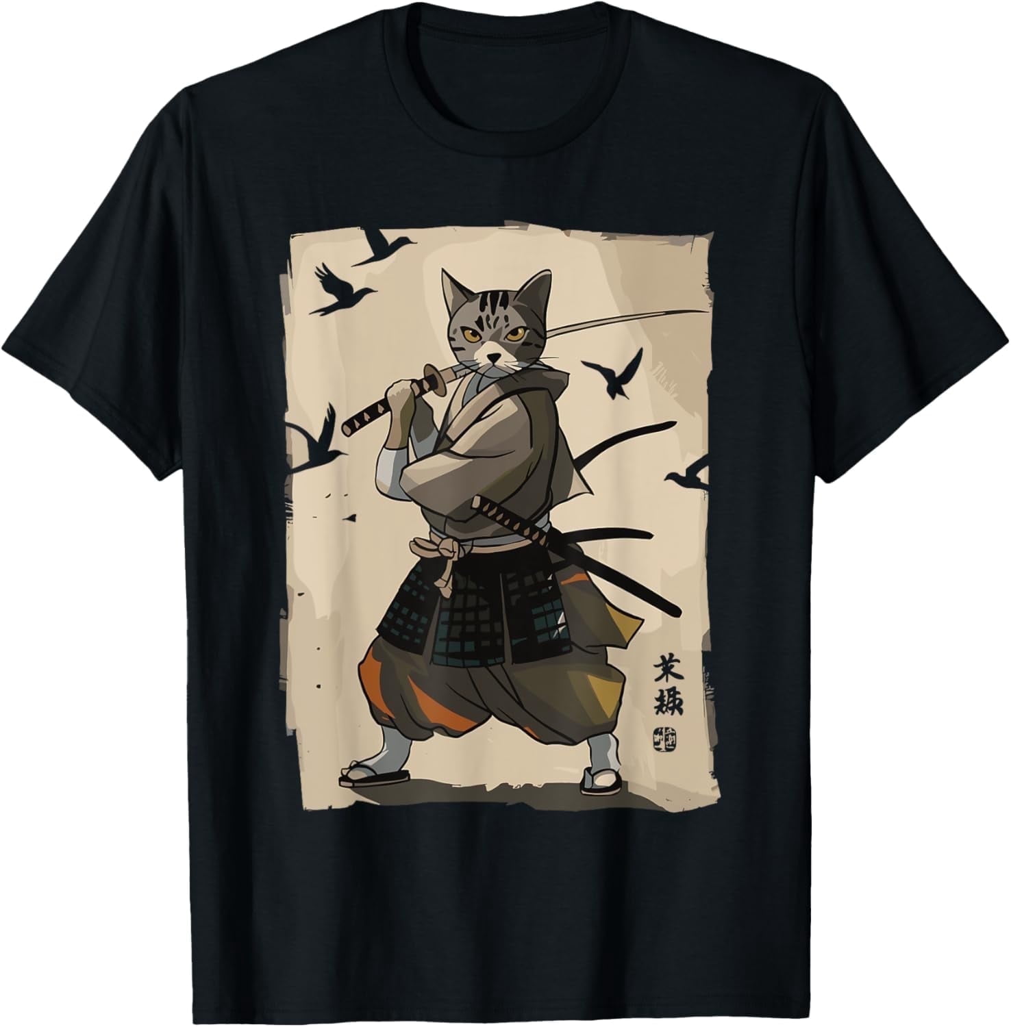 Samurai Cat Vintage Ukiyo-e Warrior Art Graphic Cat Art Tee T-Shirt ...