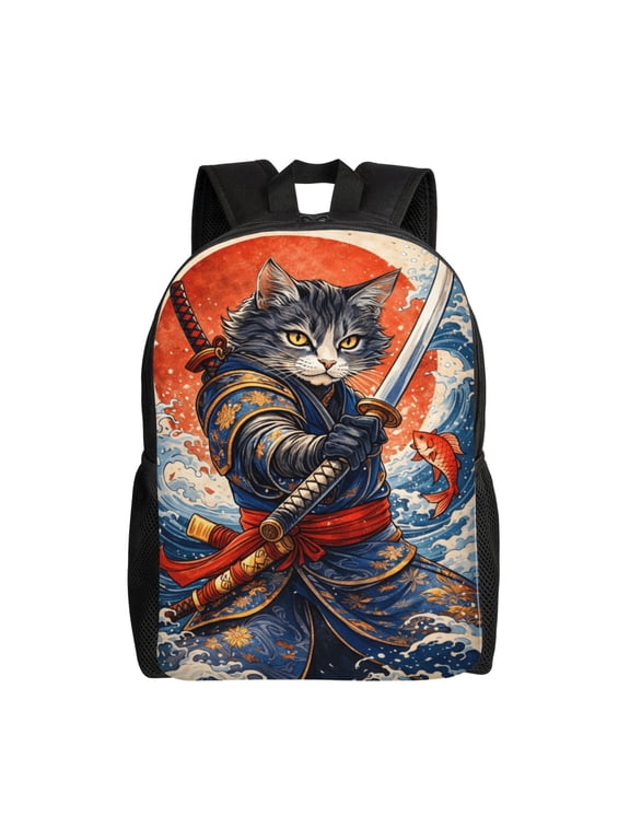 Samurai Cat Warrior Backpack Full Front Print Travel Laptop Bag for Men and Women