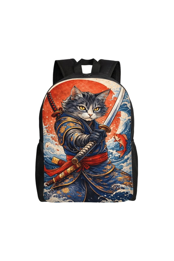 Samurai Cat Warrior Backpack Full Front Print Travel Laptop Bag for Men and Women