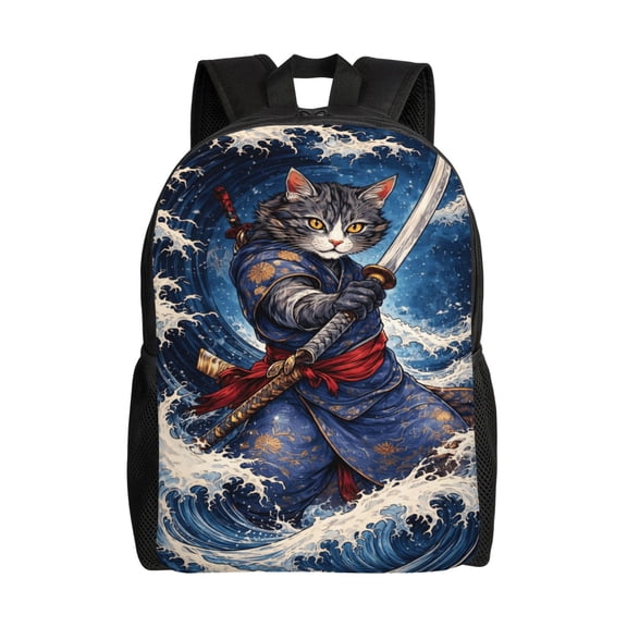Samurai Cat Warrior Backpack Full Front Print Travel Laptop Bag for Men and Women