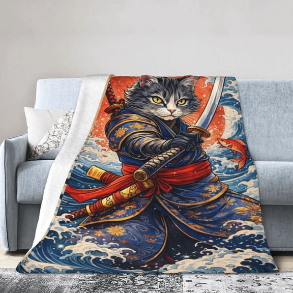Samurai Cat Warrior Blanket Gift Throw Blanket Cozy Soft Home Decor Japanese Style Blanket 50x40