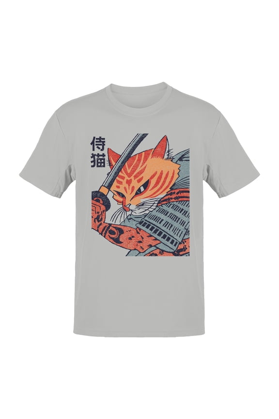 Samurai Cat Warrior Design Men's Gray T-shirt