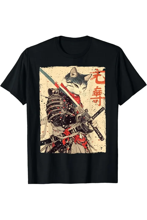 Samurai Cat Warrior Ukiyo Ink Artwork Cat Samurai Gift Unisex T-Shirt, S-5XL