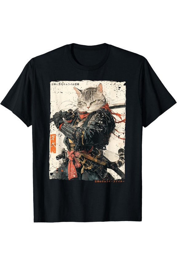 Samurai Cat Warrior Ukiyo Ink Artwork Cat Samurai Version Four T-Shirt