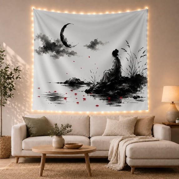 Samurai Contemplating Crescent Moon Over Water, Serene Japanese Inspired for Art Lovers, Ink Wash Art Print, Housewarming Gift, Tapestry Wall Hanging for Bedroom and Living Room