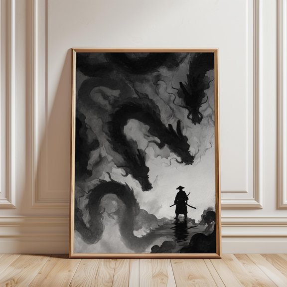 Samurai Facing Ink Dragons Japanese Print Monochrome Warrior Silhouette Wall Art, Unframed Paper Print