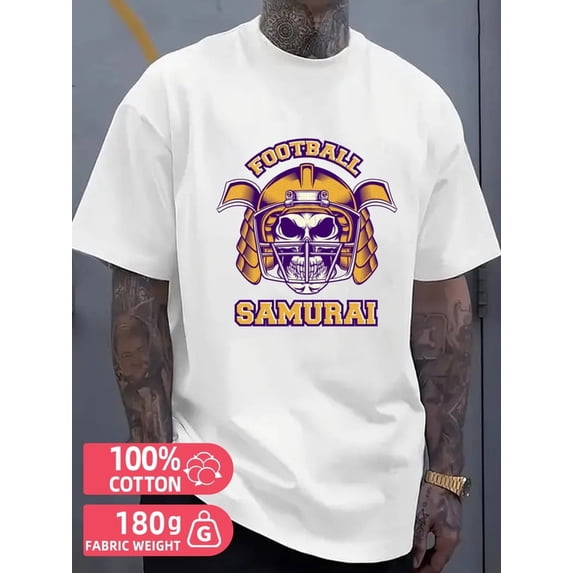 Greenink Samurai Football Tee mens white 180G Cotton All-season fitness tops,stylish athletic looks,durable activewear Classic Unisex Shirt Cotton tshirts
