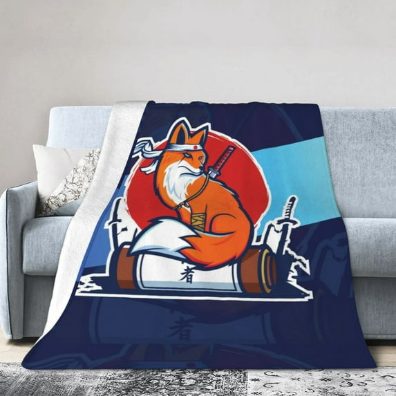 Samurai Fox Pattern Blanket Japanese Style Animal Print Throw for Bedroom Sofa
