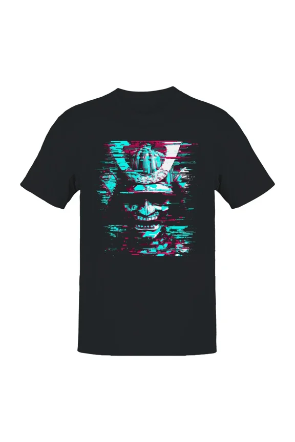 Samurai Glitch Cyberpunk Japanese Warrior Futuristic Tech Style Unisex T-Shirt, up to size 5XL