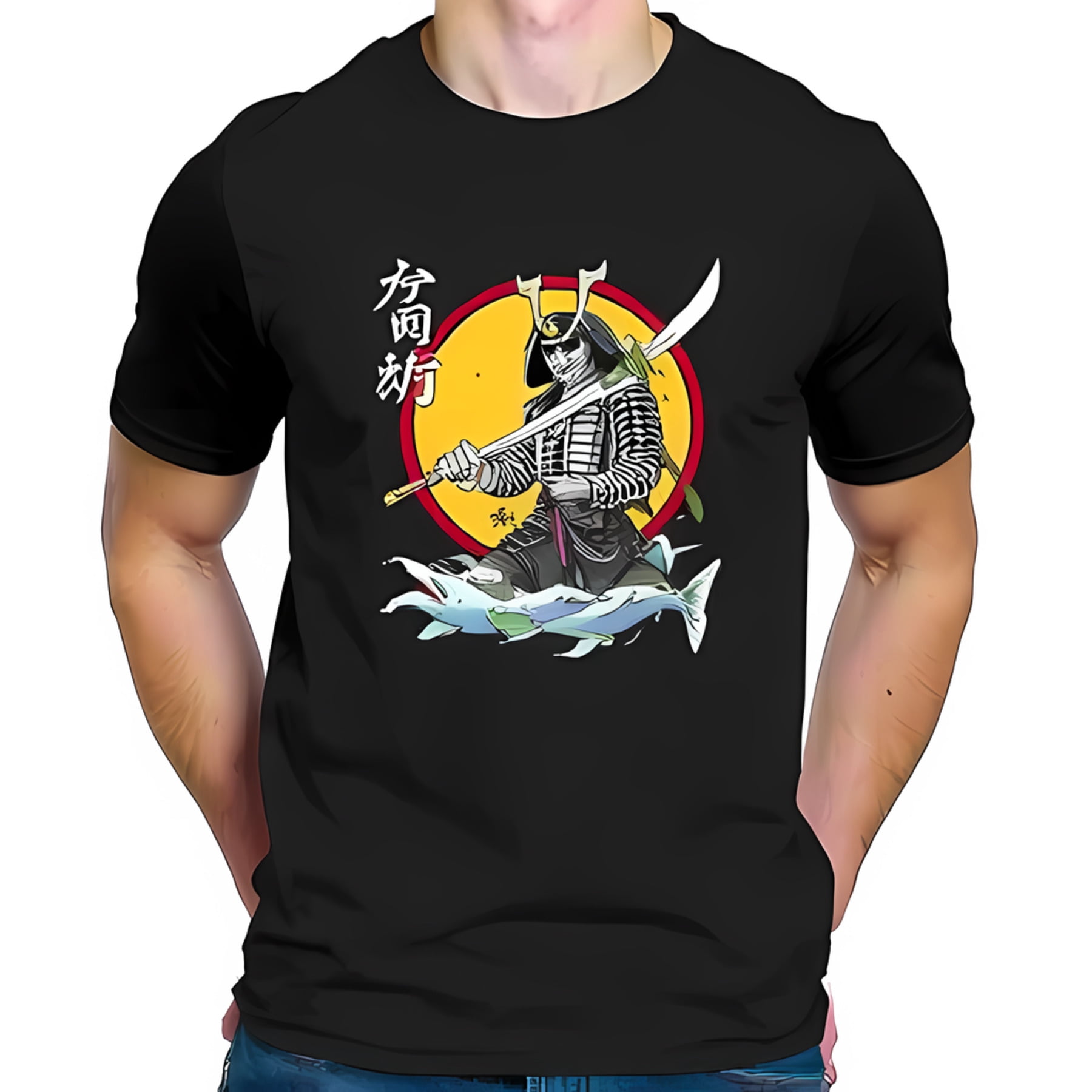 Samurai Graphic Cotton Short Sleeve T-Shirt with Fish Design and ...