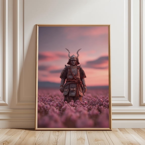 Samurai In Pink Flowers Sunset Print Japanese Warrior Wall Art, Unframed Paper Print