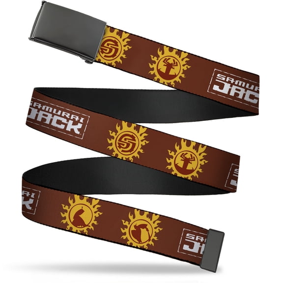 Adjustable Belt, Clamp Buckle, Cut-to-Fit, Samurai Jack Title Logo and Icons Red Orange White