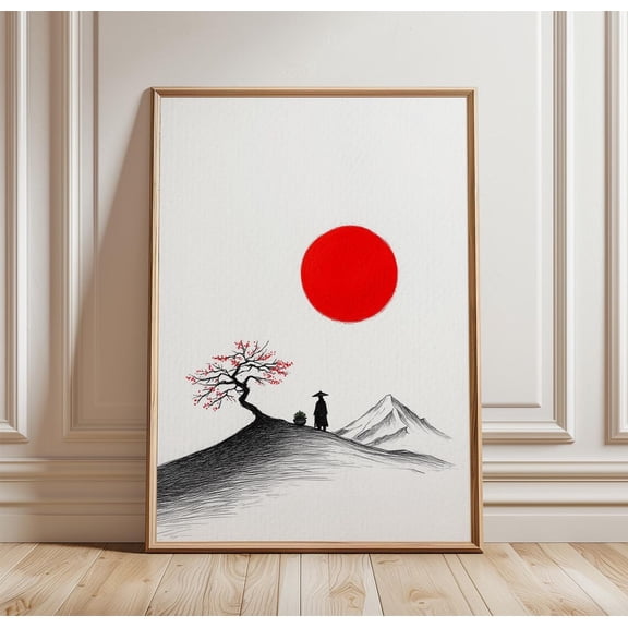 Samurai Landscape Minimalist Japanese Sun Zen Mountain Wall Art Unframed Paper Print